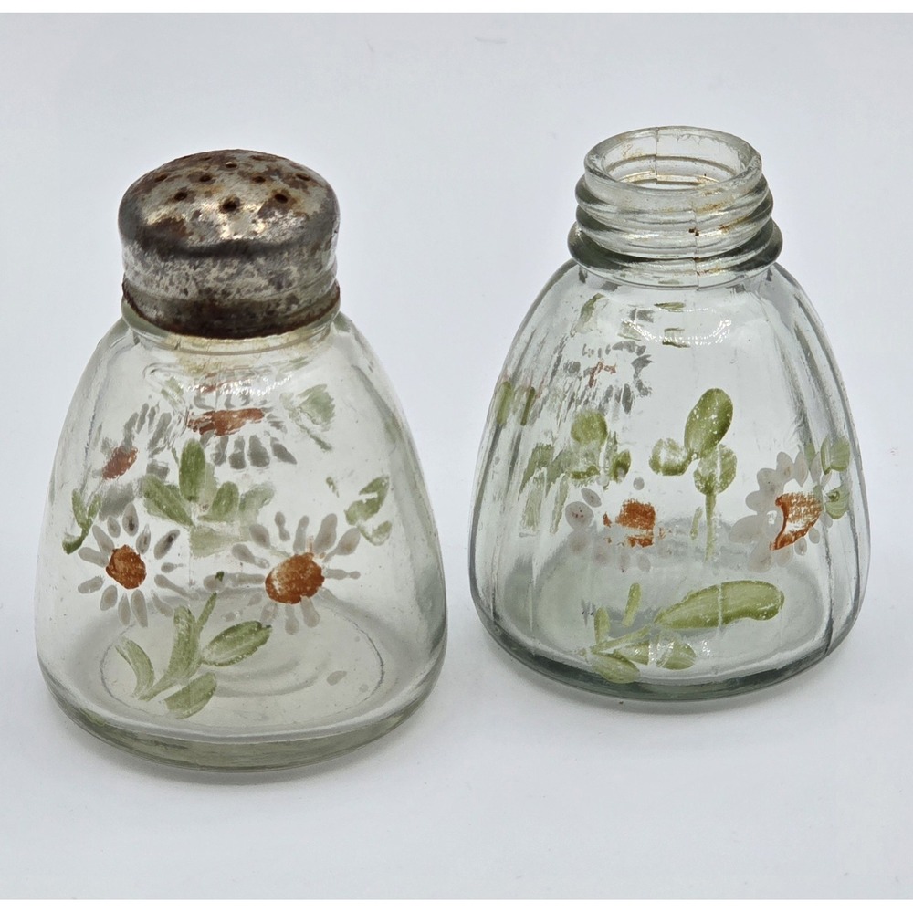 Vintage Hand Painted Daisy Floral Glass salt & pepper shakers